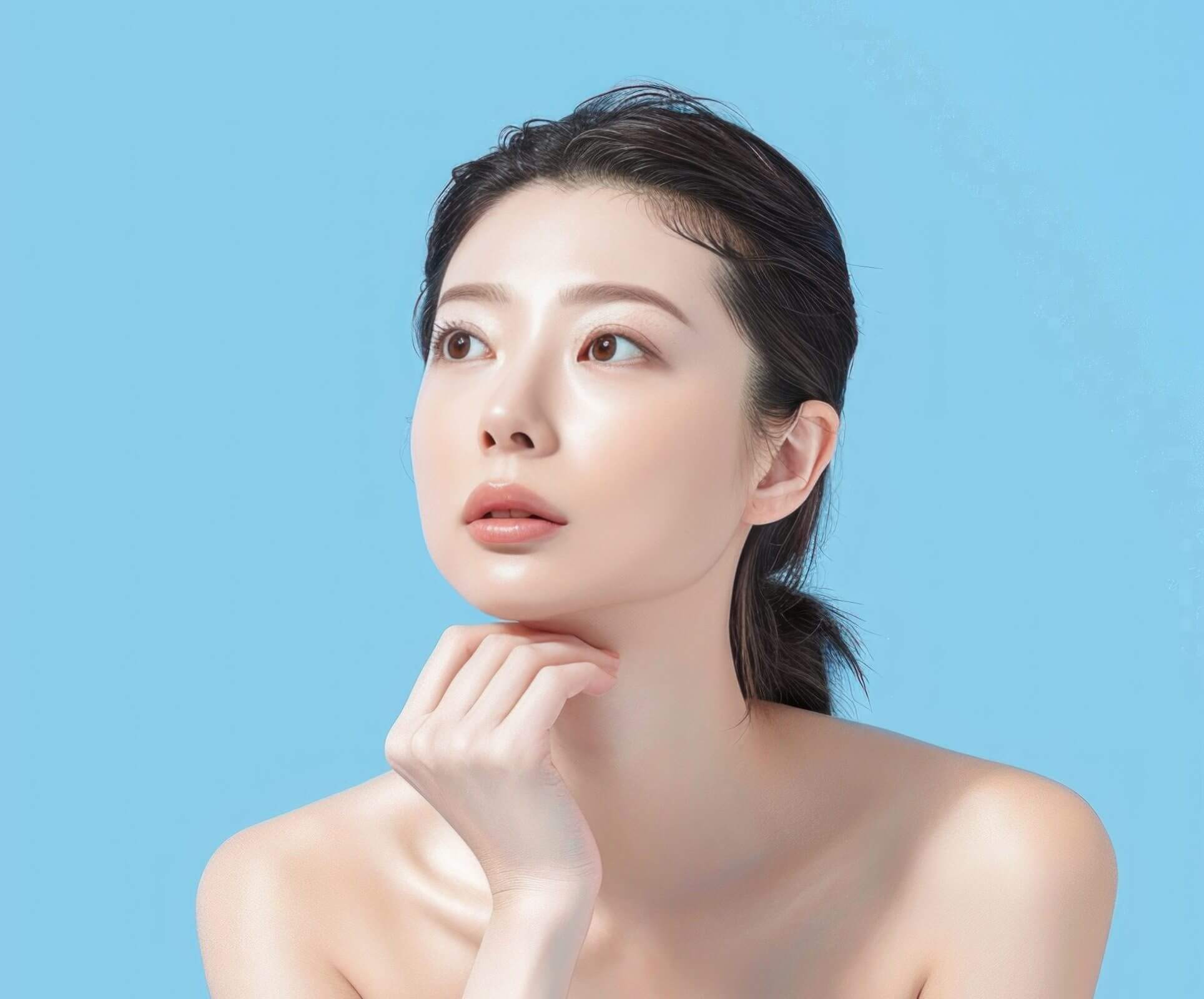 Beautiful young asian woman with clean fresh skin on bright background. Generative AI