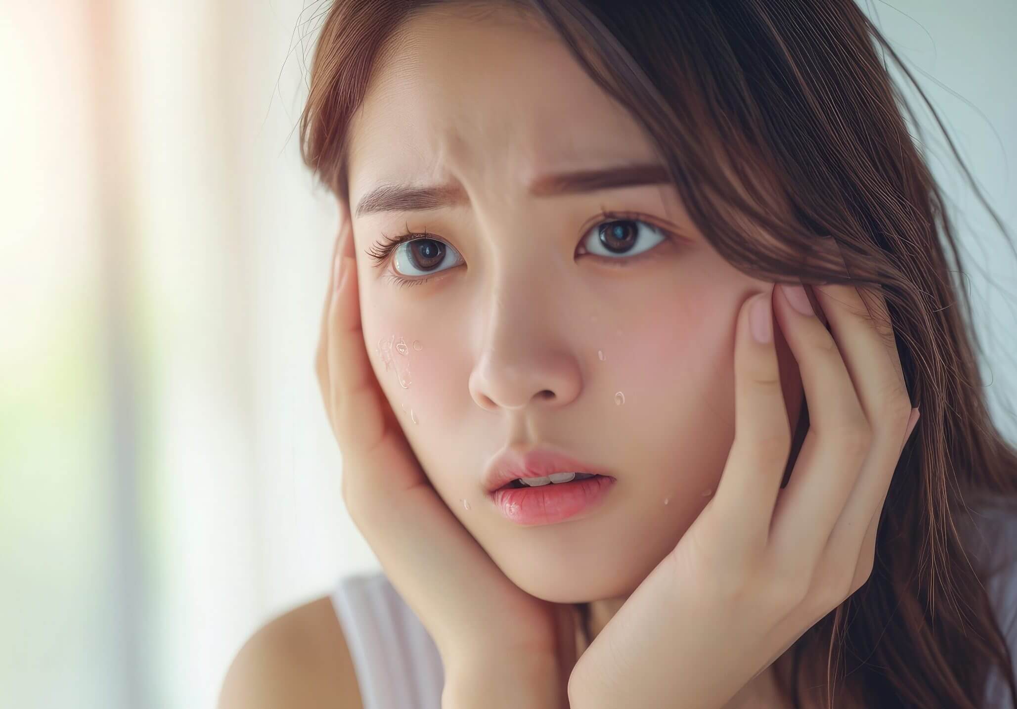 Dermatology, scratch asian young woman looking at mirror, expression worry and itch, itchy allergy or allergic sensitive reaction, red spot or rash on her face. Beauty care from skin problem treatment