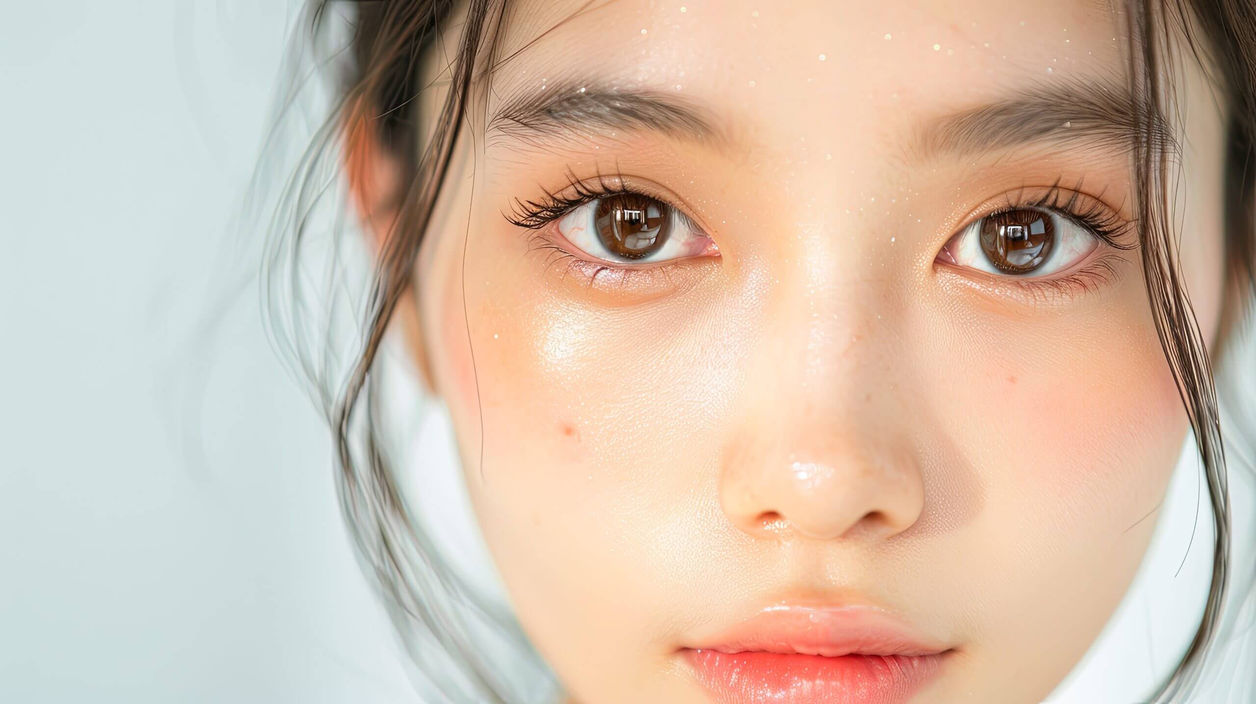 Beautiful young woman with glitter makeup glowing skin skincare beauty portrait natural fresh face cosmetics model spa wellness lifestyle healthy girl aesthetic soft focus background brown eyes
